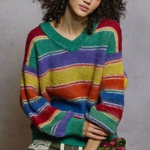 201 - POL V-Neck Balloon Sleeve Multicolor Striped Sweater